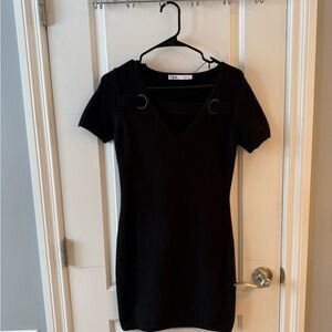 Zara Black Mini Sweater Dress with Short Sleeves and Chest Detail